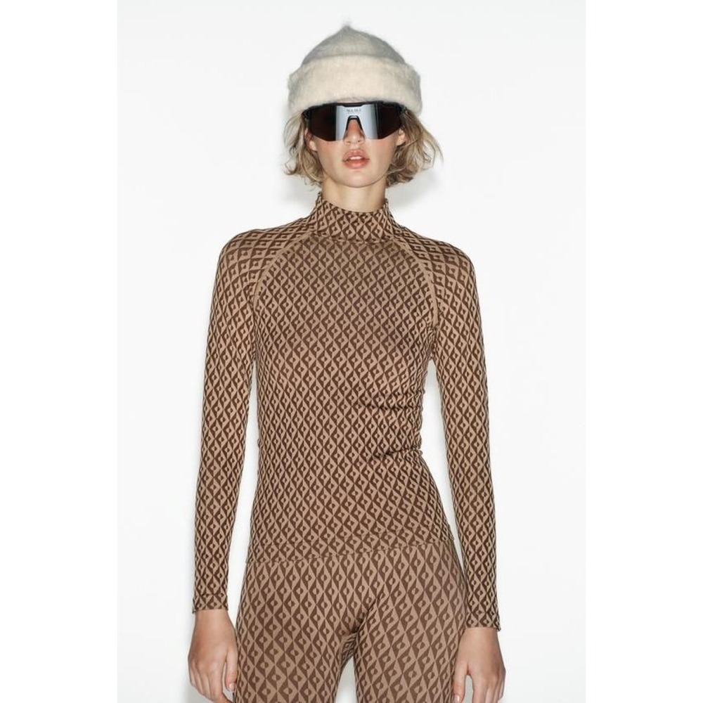 Zara Ski Collection NWT Brown Jacquard Thermolite Mock Neck Base Layer Top